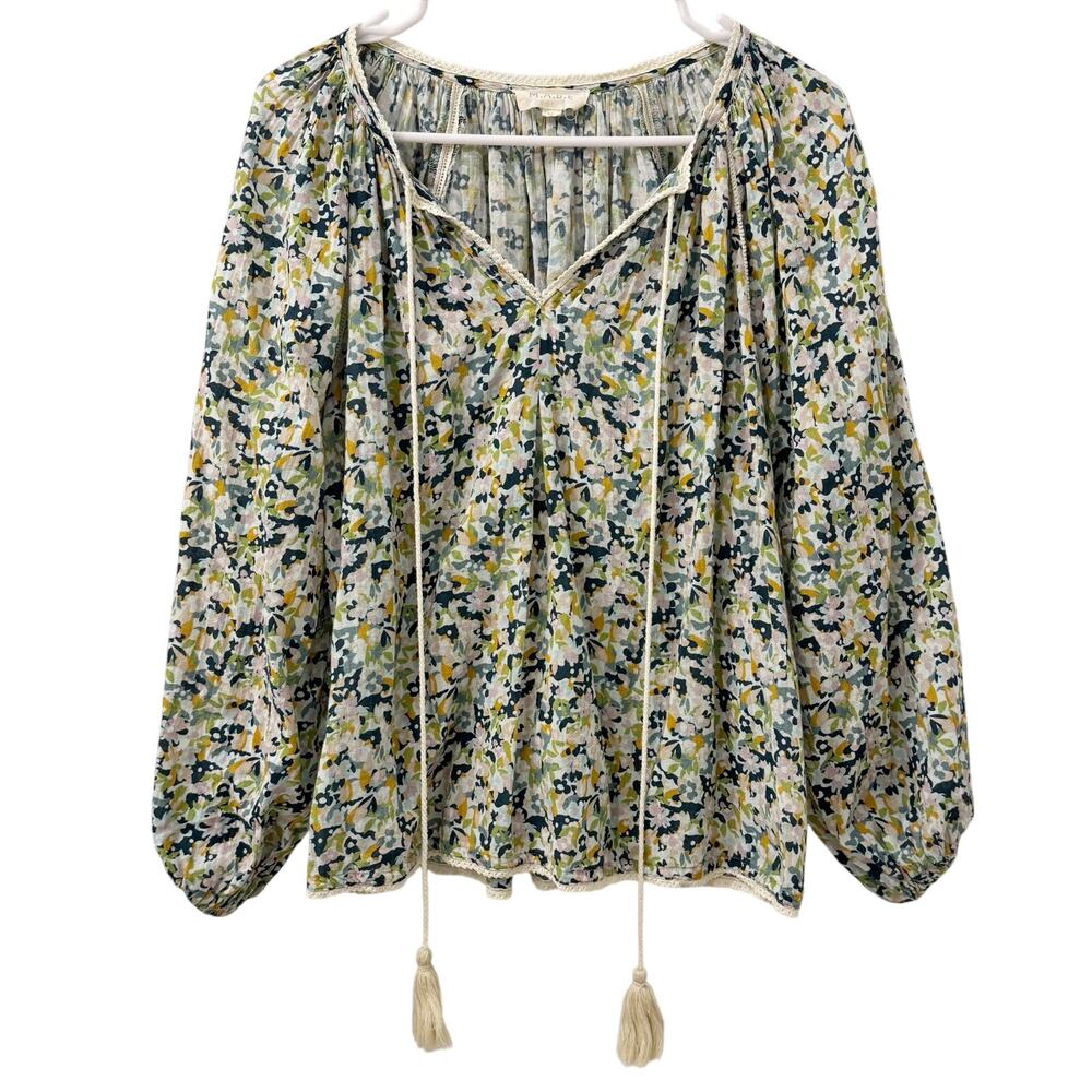 Mabe Womens Floral Balloon Sleeve Cotton Gauze Top Size M Tassels Boho Hippie